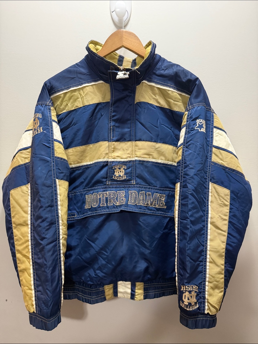 Vintage 90s Starter Notre Dame Navy & Gold Pullover Jacket Size M 28x25